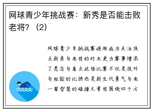 网球青少年挑战赛：新秀是否能击败老将？ (2)